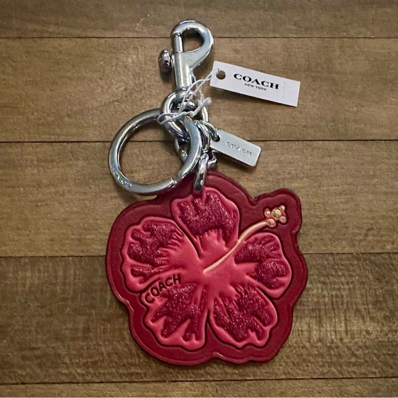 SUPER RARE Coach Leather Glittered Hibiscus Flower Keychain Fob Bag Charm - Picture 7 of 8